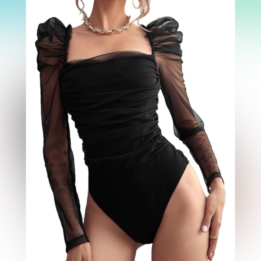 Mesh Sleeved Black Bodysuit
